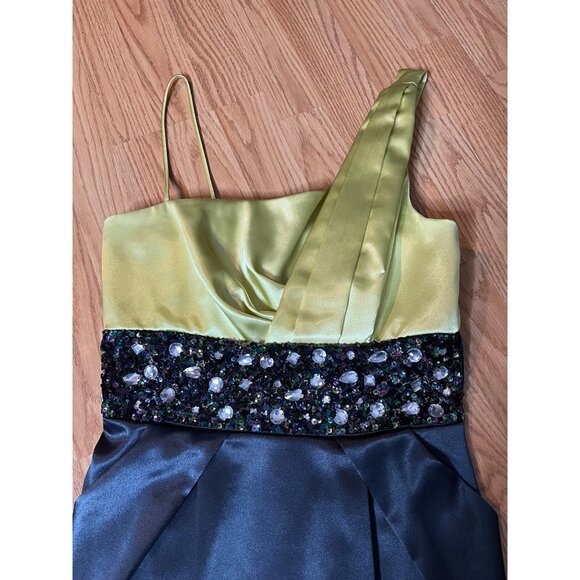 Tease Me Womens One-Shoulder Green Black Satin Dress With Beaded Waist Size 9 - Picture 2 of 6